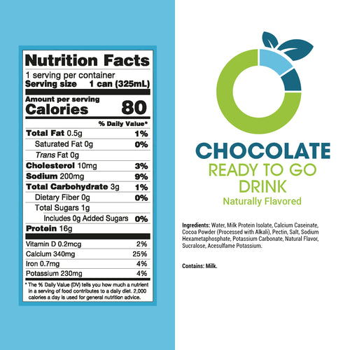 Nutrition facts label and branding logo for a chocolate ready-to-go drink on a blue and white background.