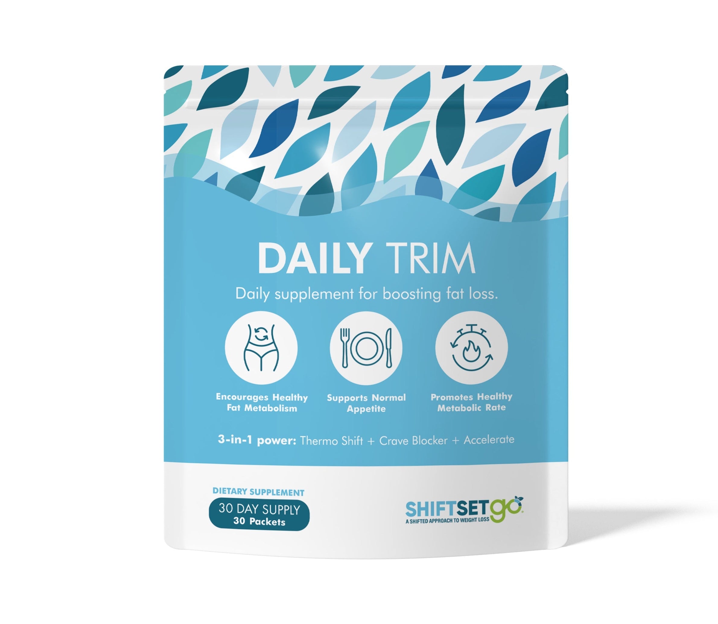 Daily Trim supplement package with blue and white design on a white background