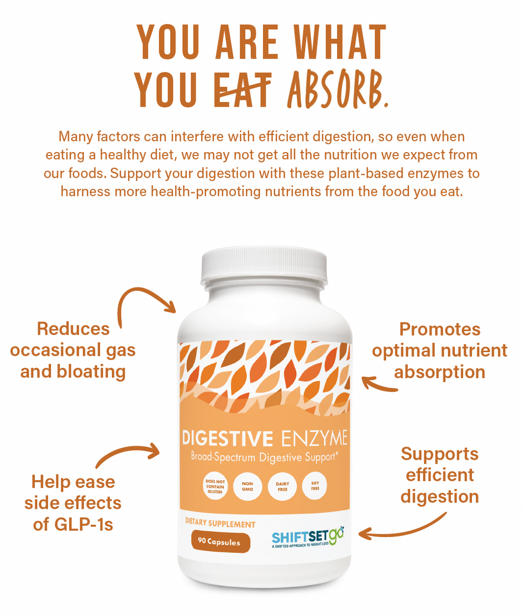 Digestive enzyme supplement bottle with text highlighting benefits