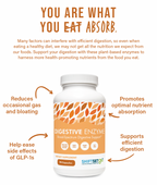 Digestive enzyme supplement bottle with text highlighting benefits