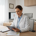 A doctor sitting at a desk looking at a chart. The room is light and bright, the doctor is a middle aged woman