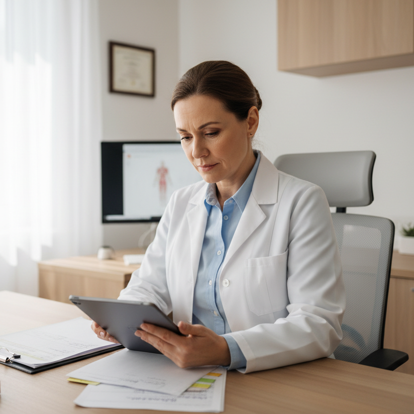 A doctor sitting at a desk looking at a chart. The room is light and bright, the doctor is a middle aged woman