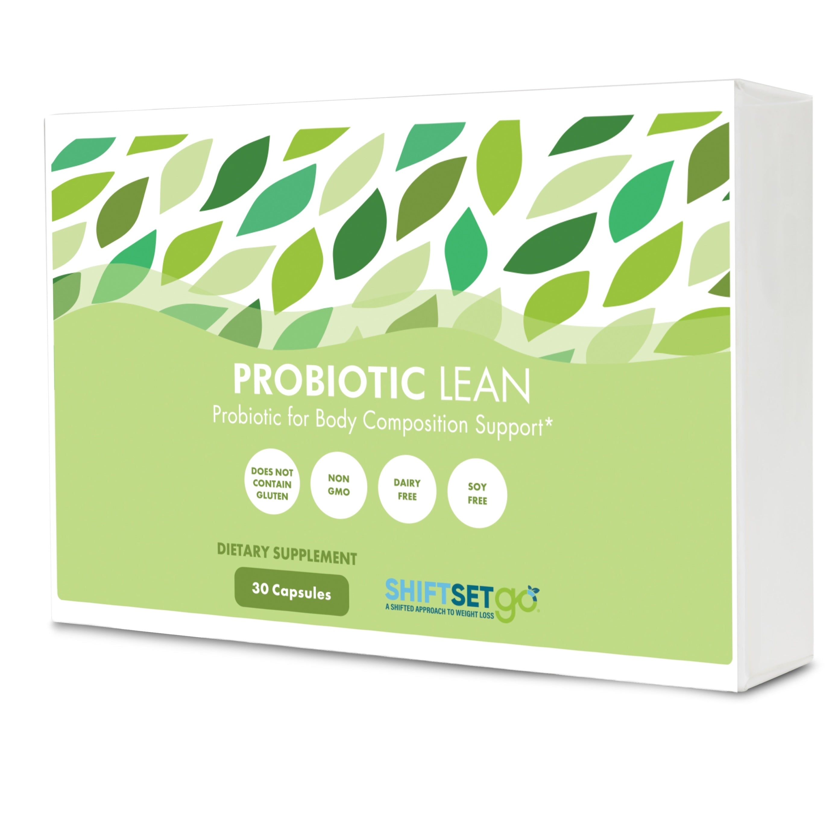 Probiotic Lean dietary supplement box with green leaf design on a white background